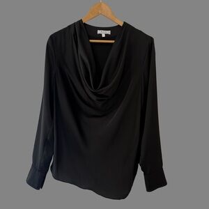 Milly Nancy Asymmetric Cowl Neck Long Sleeve Black Blouse L